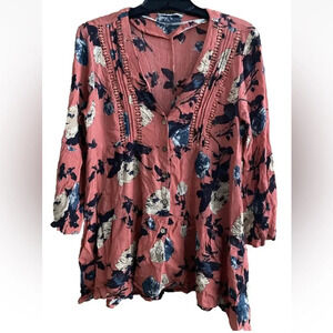 MISS ME Orange Floral Button Bell Sleeve BoHo CottageCore Peasant Crochet Sz S…